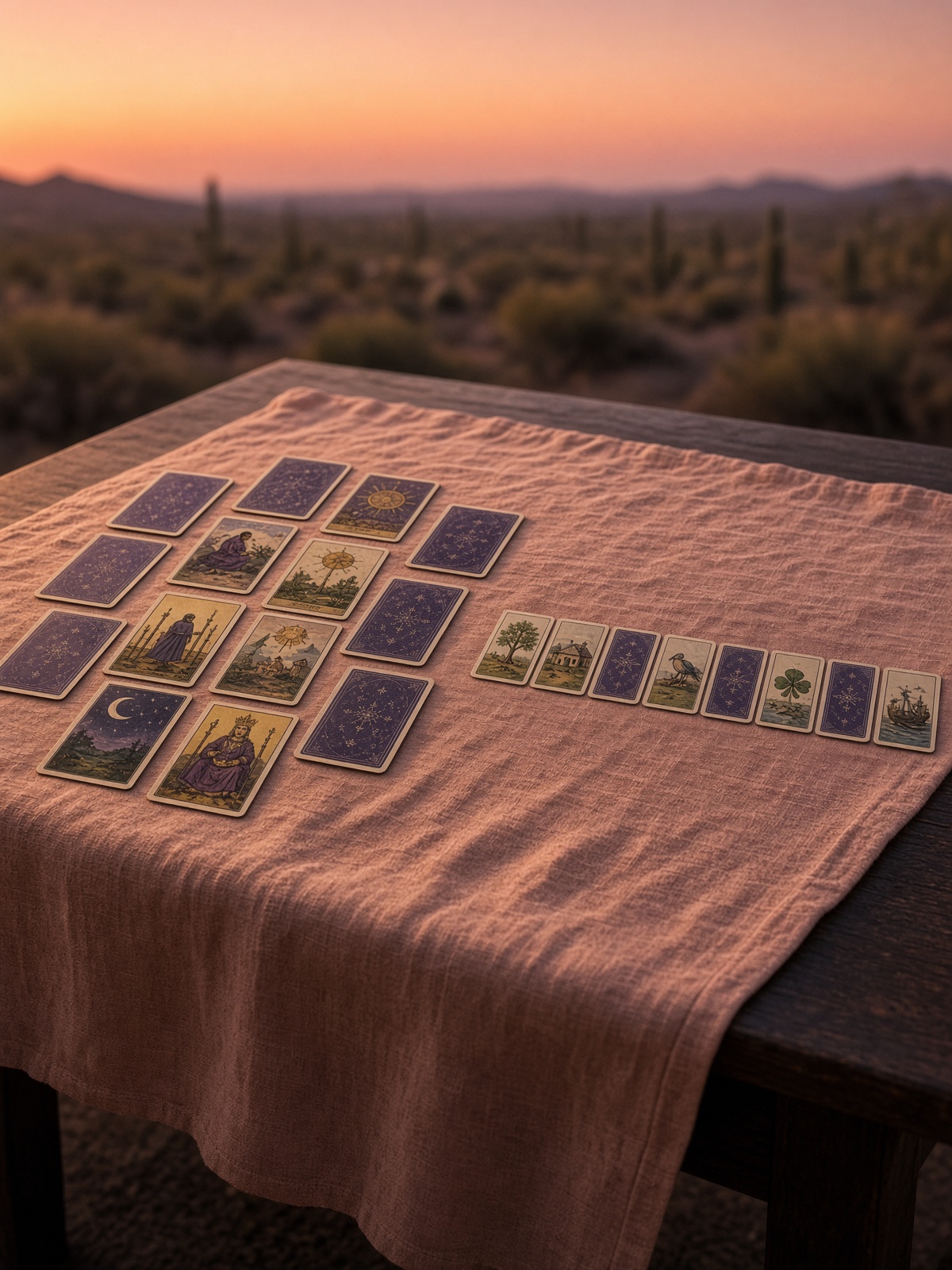Tarot and Lenormand cards on a table in coral dusk light