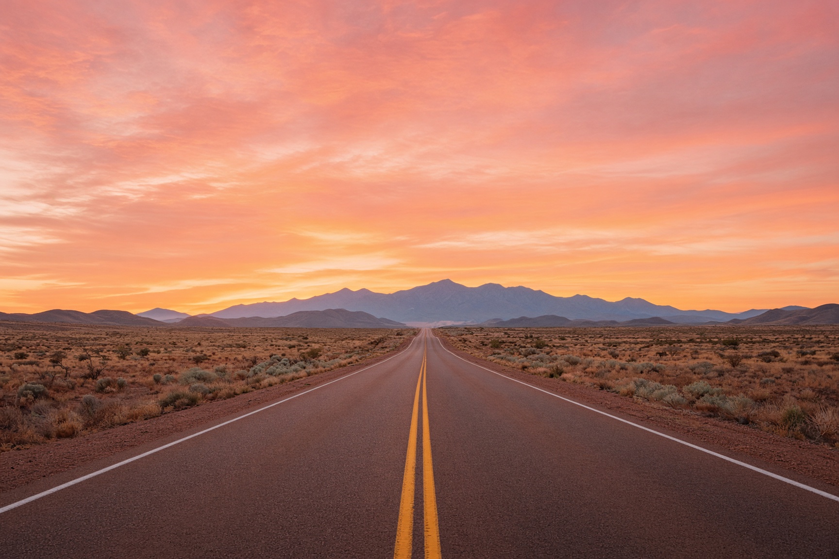 An empty desert highway pointing toward mountains at sunset