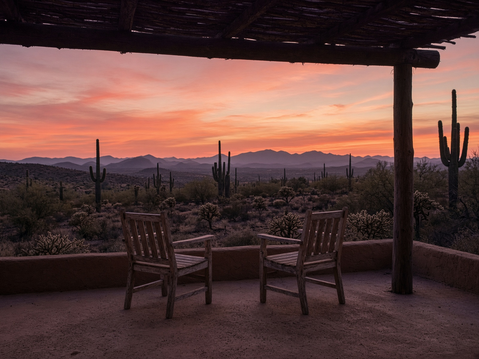 Two chairs on an adobe porch looking out on a Sonoran Desert sunset