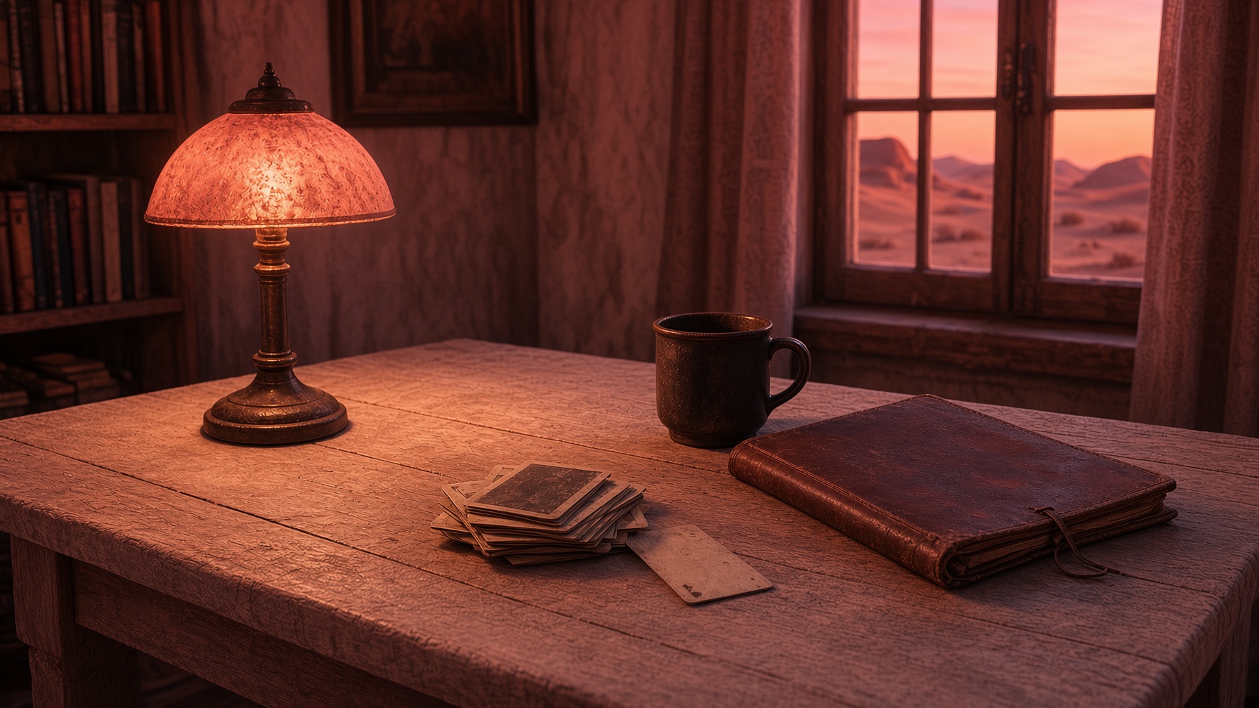 A lamplit reading table in coral sunset light, cards waiting