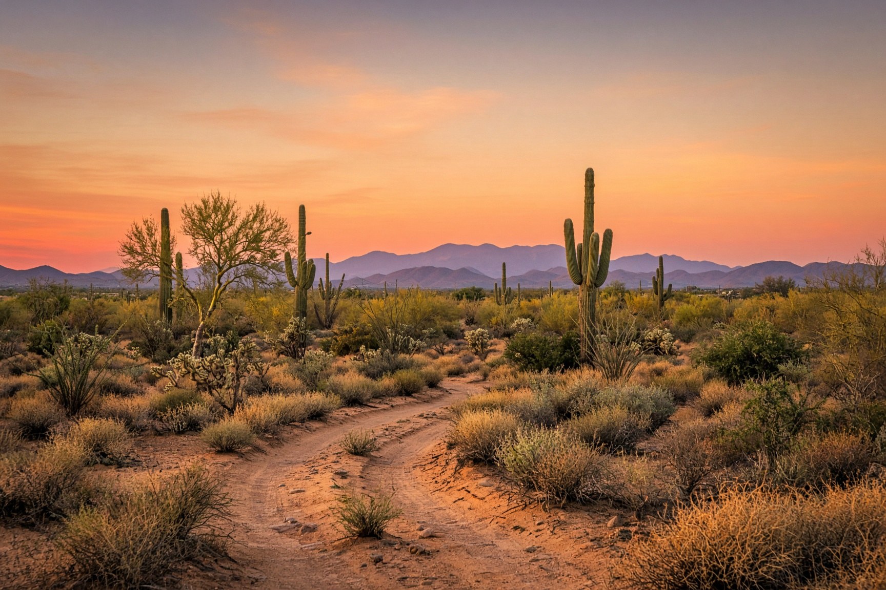 A desert track toward mountains at sunset, saguaros along the wash